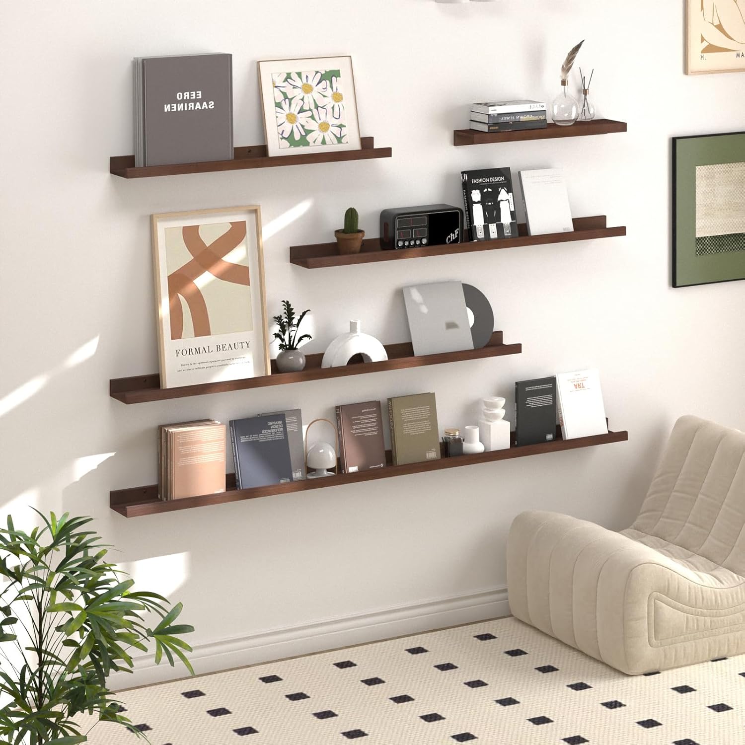 SAUMONIERES Picture Ledge Shelf Floating Book Shelves Set of 2 Wall Mounted Solid Wood for Bedroom