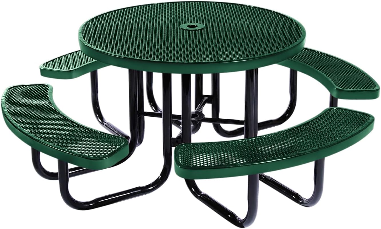 Heavy-Duty Portable Outdoor Picnic Table with Umbrella Hole, Punched Steel Commercial-Grade Patio