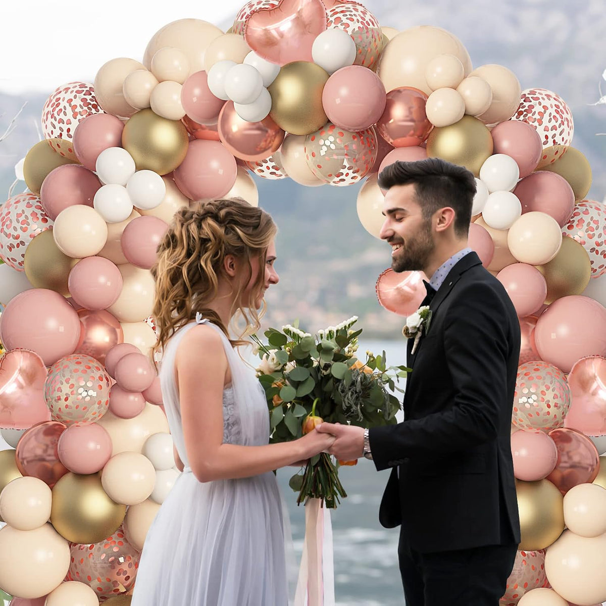 Amandir 153Pcs Boho Blush Balloon Garland Arch Kit, Double-Stuffed Nude Cream Peach Dusty Rose Pink
