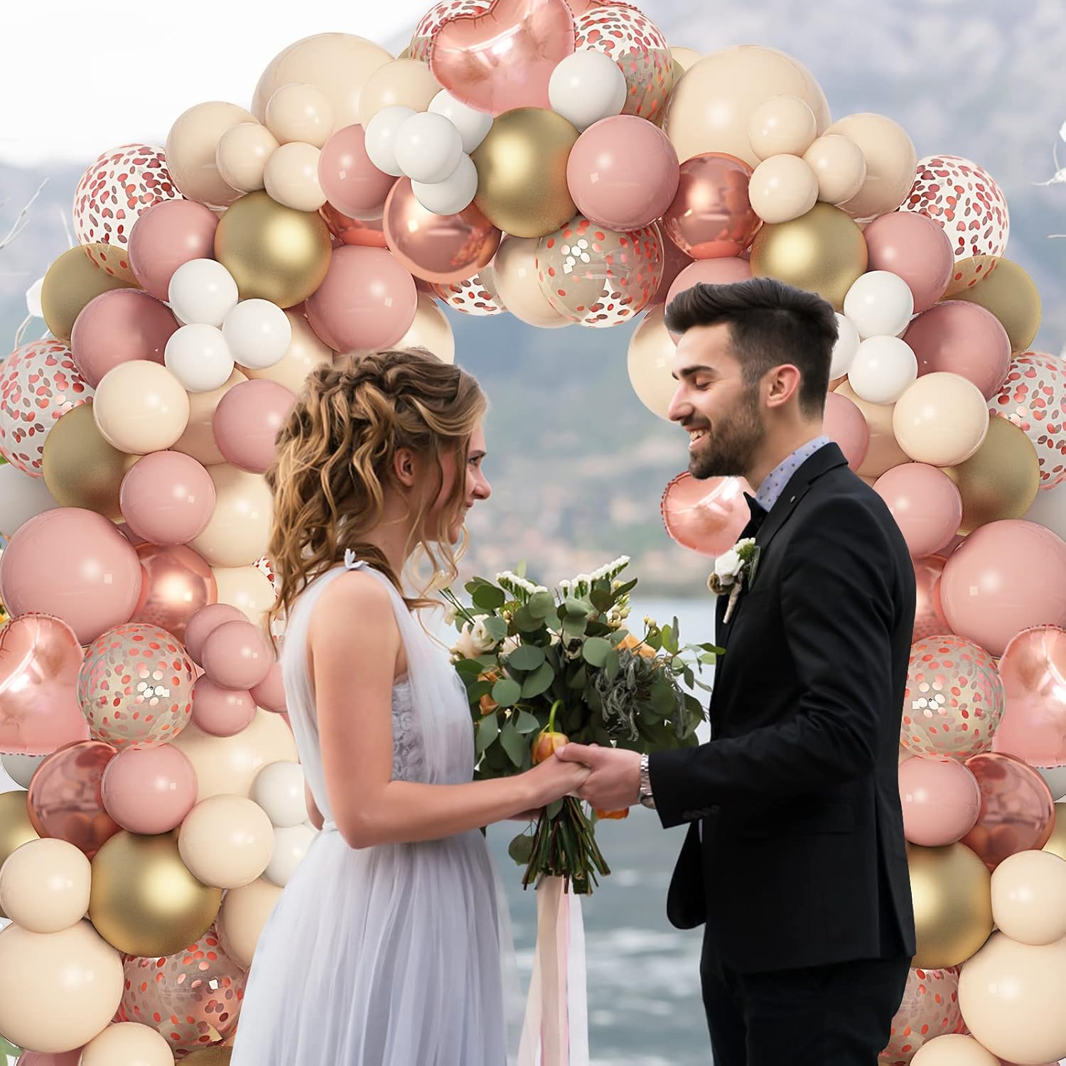 Amandir 153Pcs Boho Blush Balloon Garland Arch Kit, Double-Stuffed Nude Cream Peach Dusty Rose Pink