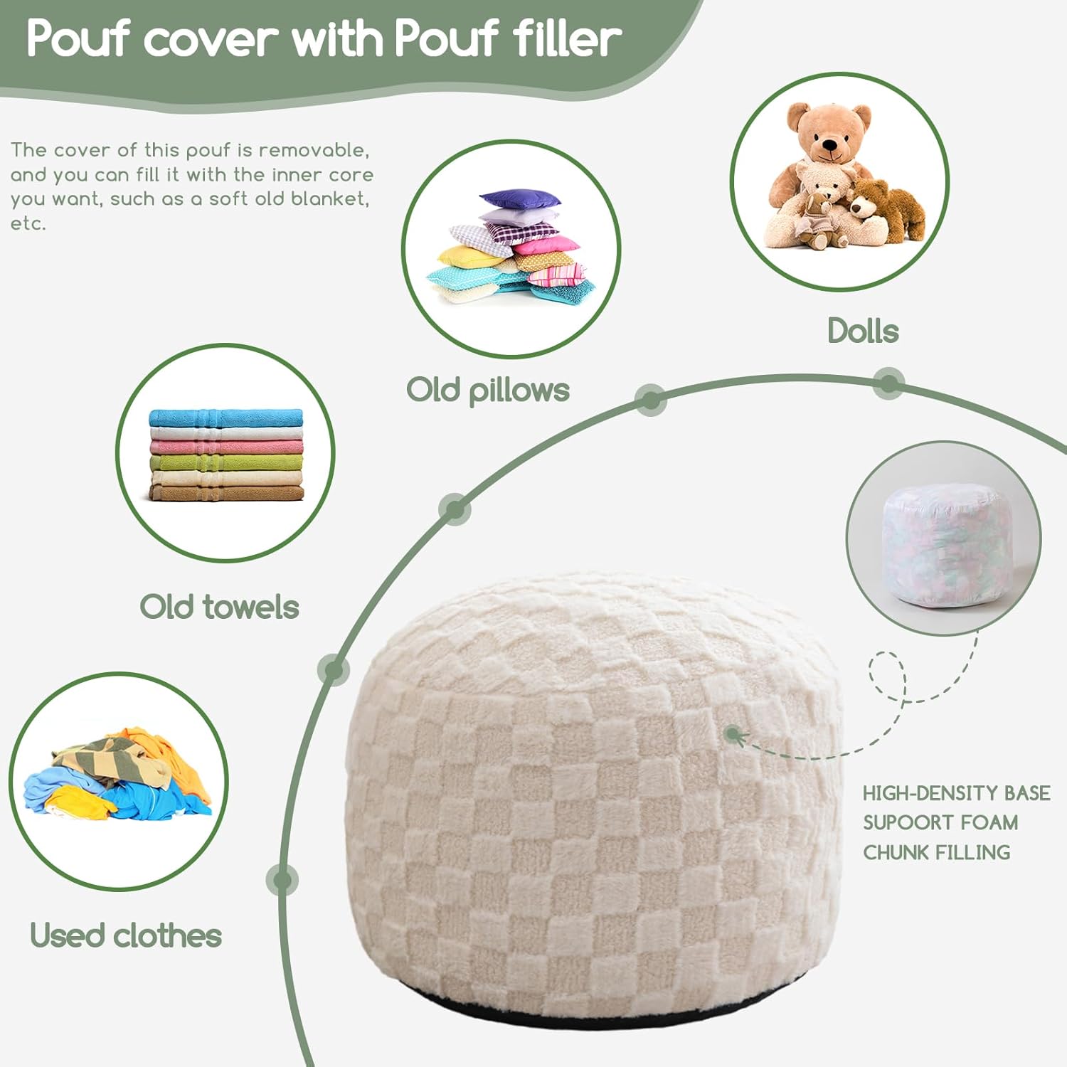 HIGOGOGO Round Stuffed Pouf Ottoman, Plaid Poufs with Foam Chunk Filling, Fluffy and Furry Pouf