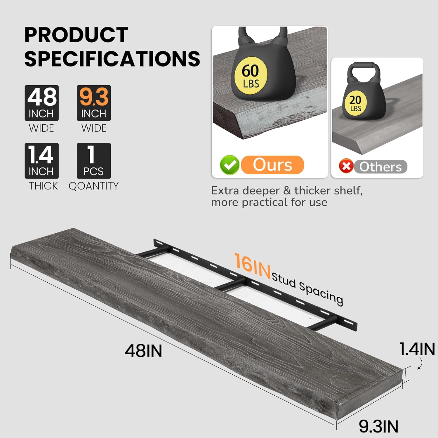 Fun Memories Floating Shelves for Wall, 48"x9.3" Rustic Solid Live-Edge Elm Wood Wall Shelves