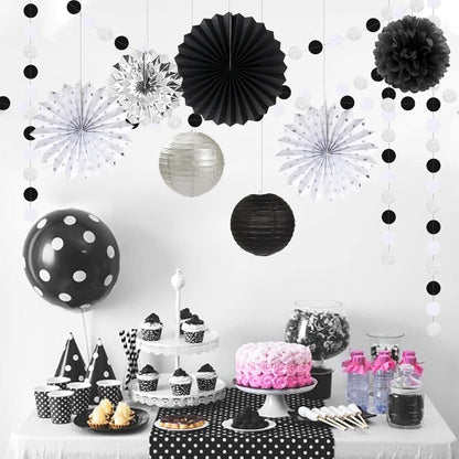 Black White Silver Party-Decorations Streamers-Lanterns - 14pc New Years Graduation 2025 Paper Fan