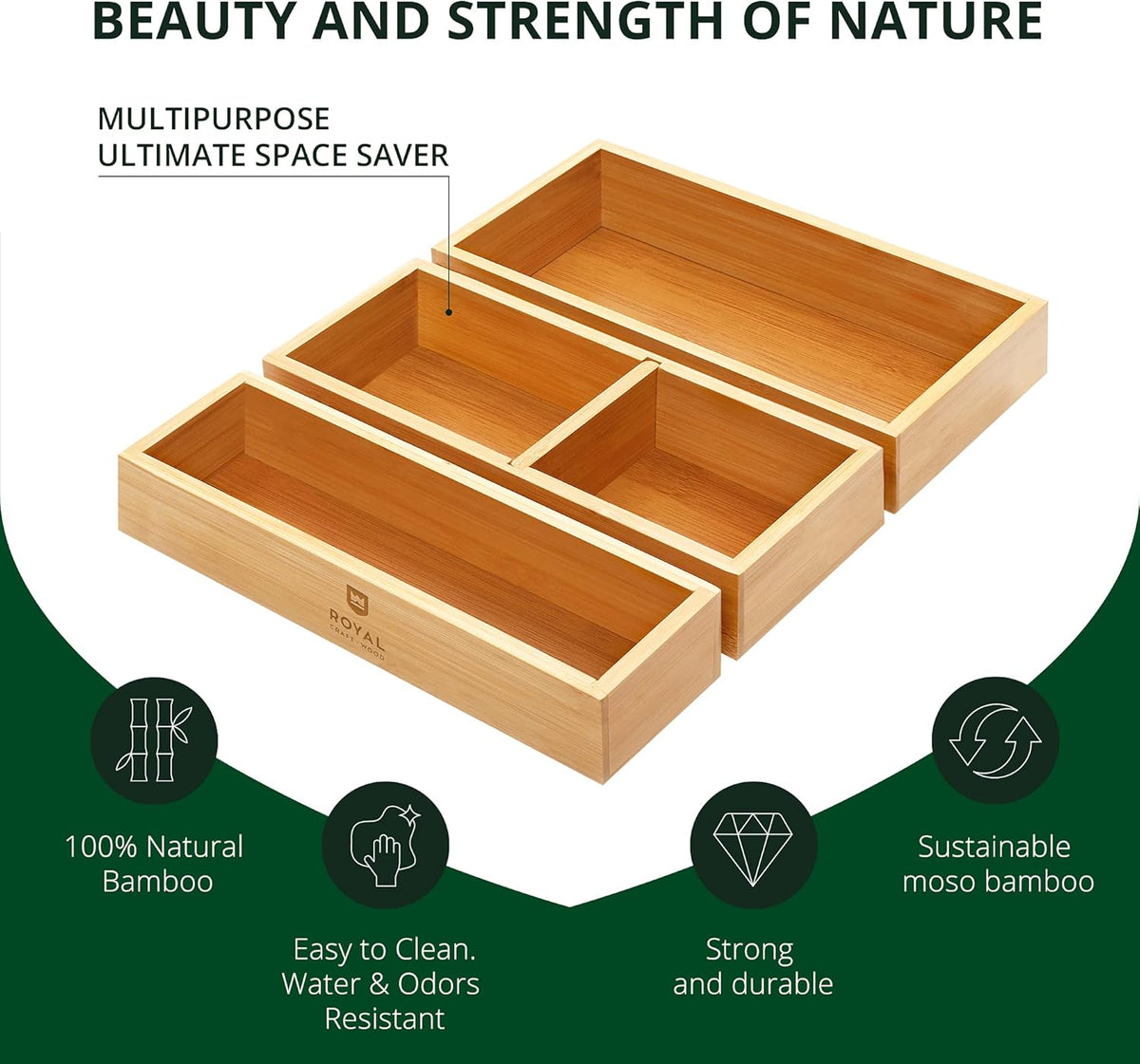 ROYAL CRAFT WOOD Luxury Bamboo Drawer Organizer Storage Box, Bin Set - Multi-Use Drawer Organizer