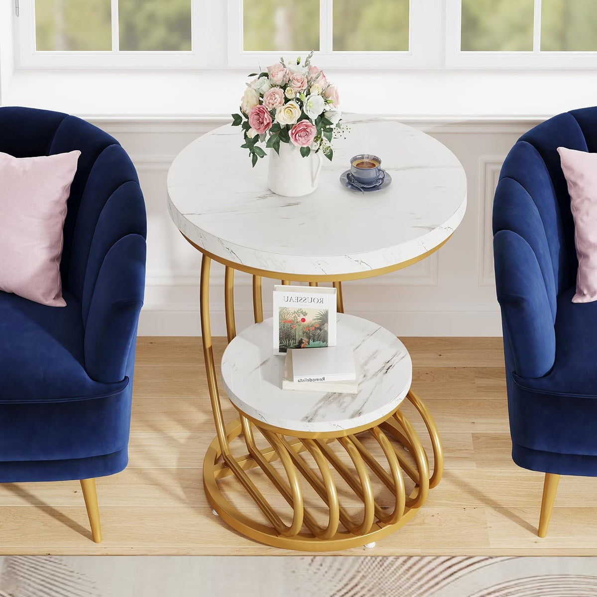 Tribesigns Gold Round End Table: 2 Tiers Side Table Set of 2 with Storage Shelf, Modern White Gold