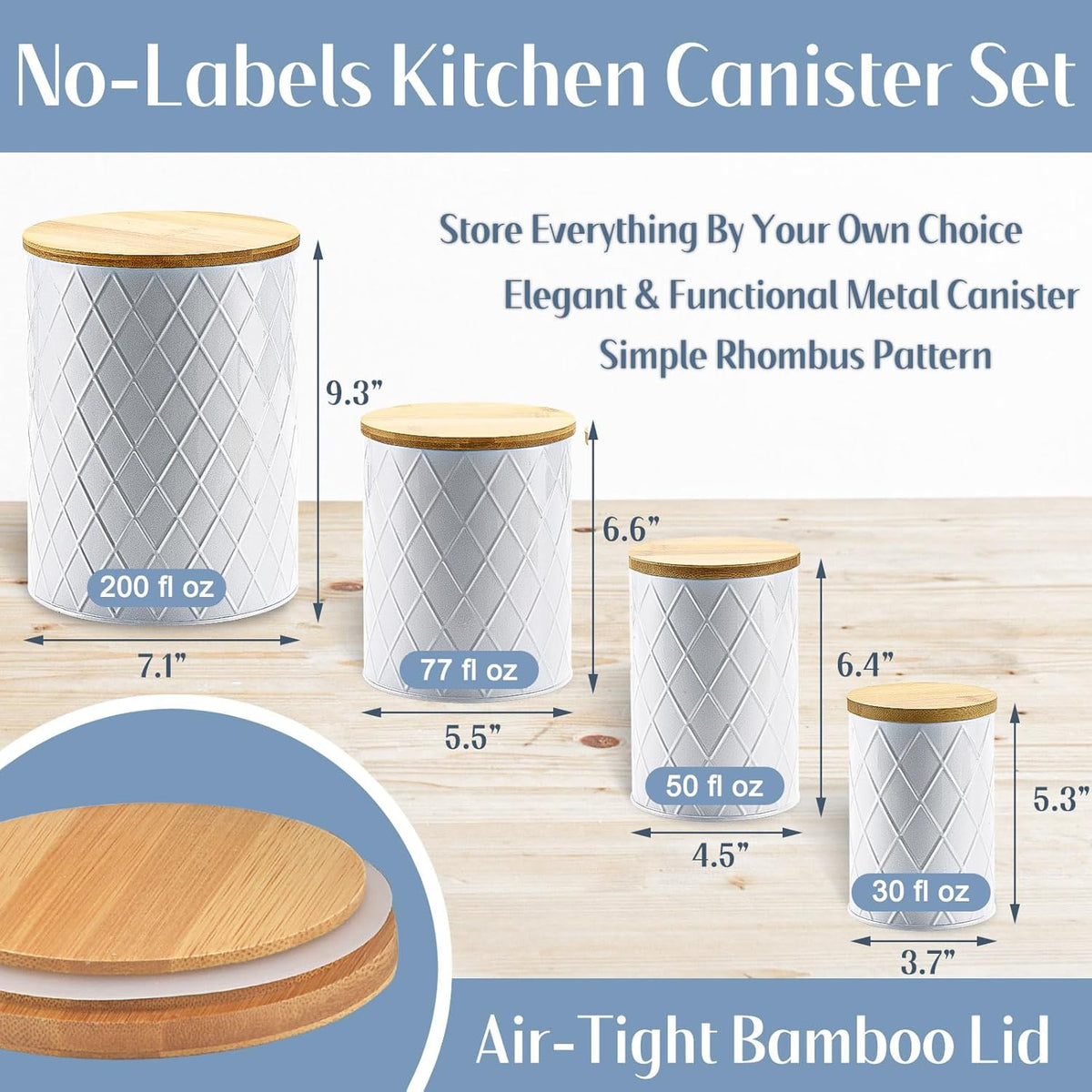 White Kitchen Canisters Set with Bamboo Lids, Airtight Sugar, Flour, Coffee, Cookie Storage