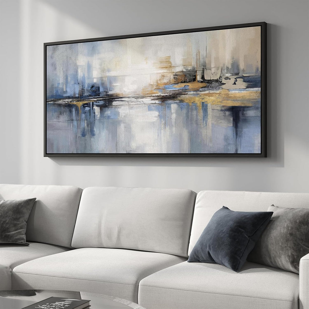 Framed Extra Large Blue Abstract Wall Art for Living Room, Modern Canvas Prints Painting Artwork