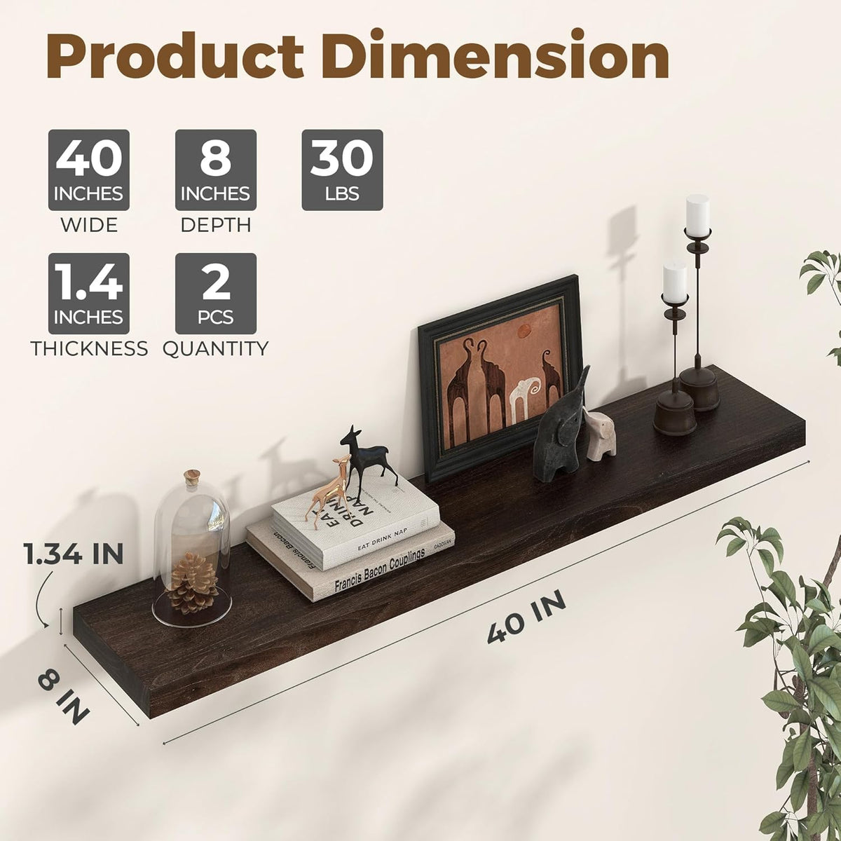 Axeman Floating Shelves for Wall - 40''W x 8'' D Rustic Solid Elm Wood Shelves for Storage, Wall