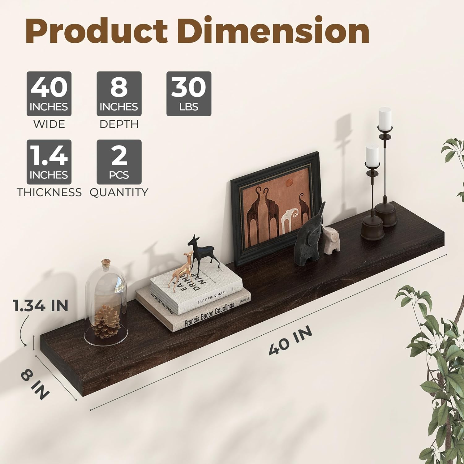 Axeman Floating Shelves for Wall - 40''W x 8'' D Rustic Solid Elm Wood Shelves for Storage, Wall