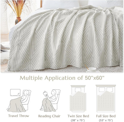 jinchan Boho 100% Cotton Blanket Muslin 50x60 Inches Lightweight 3-Layer Geometric Triangle Striped