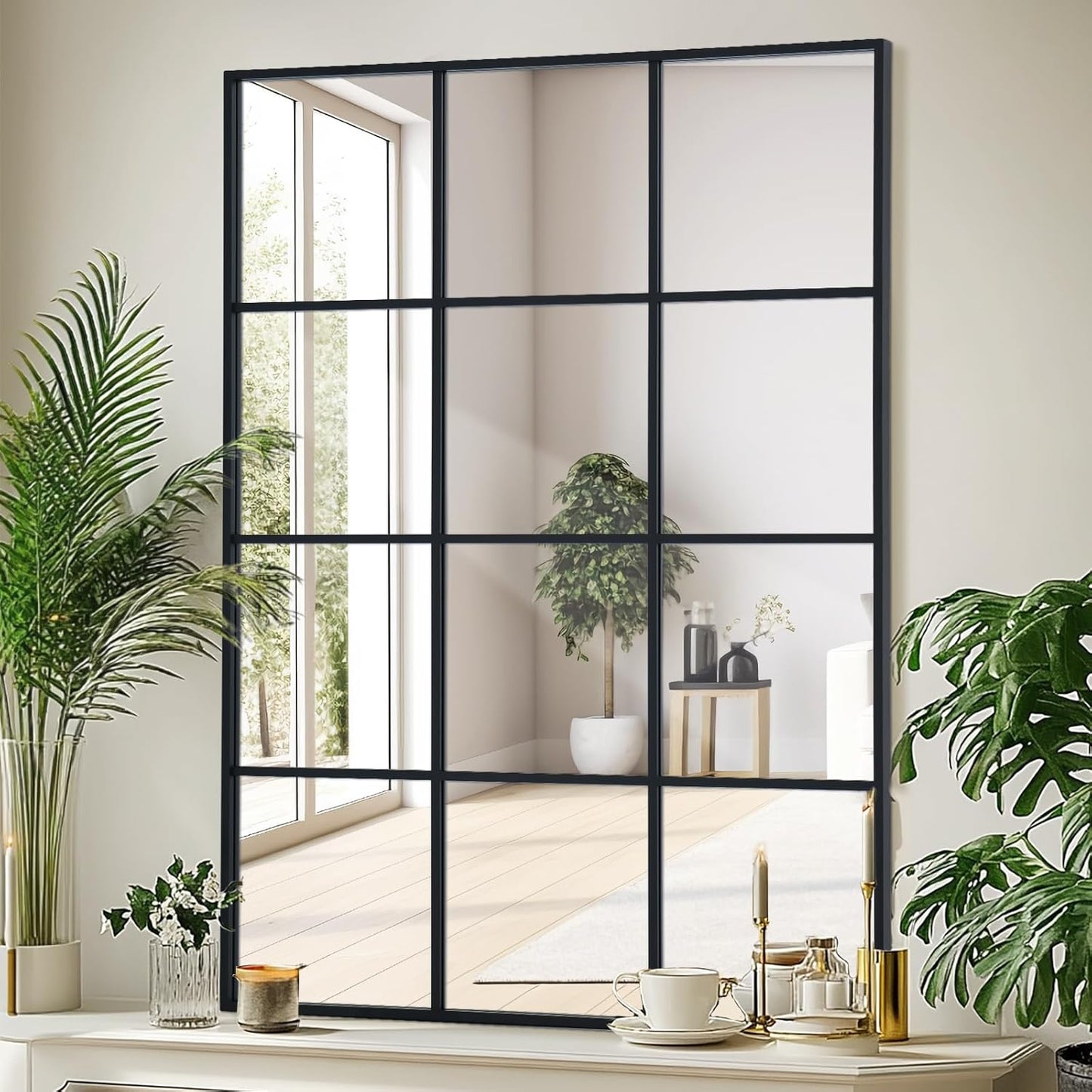 Windowpane Wall Mirror 30"x48" Black Wall Mounted Art Pane Mirror Farmhouse Decorative Mirror