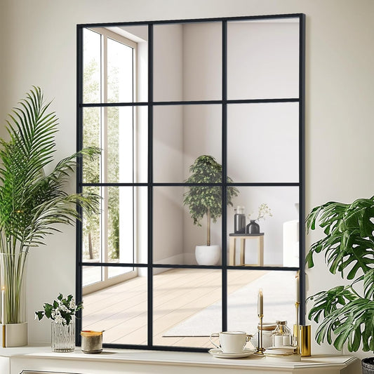 Windowpane Wall Mirror 30"x48" Black Wall Mounted Art Pane Mirror Farmhouse Decorative Mirror