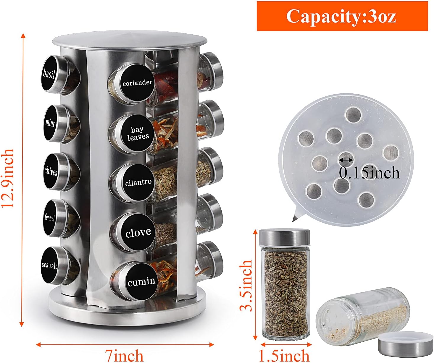 DOUBLE 2 C Revolving Spice Rack with 20 Jars, Rotating Spice Rack Organizer, Seasoning Organizer
