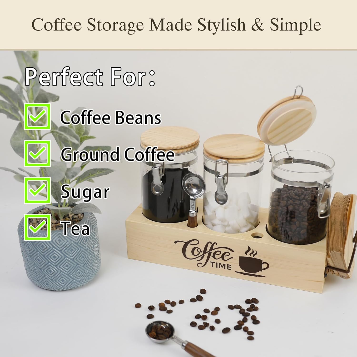 Glass Coffee Canister Set with Shelf & Spoons 3 Piece Coffee Containers for Ground Coffee Coffee