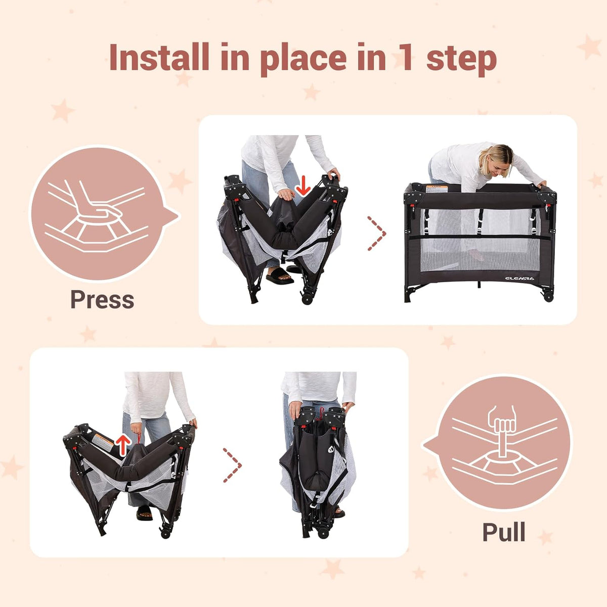 ELEMARA 5 in 1 Pack and Play, Adjustable Baby Bedside Bassinet Sleeper,1-Second Setup Foldable