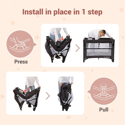 ELEMARA 5 in 1 Pack and Play, Adjustable Baby Bedside Bassinet Sleeper,1-Second Setup Foldable