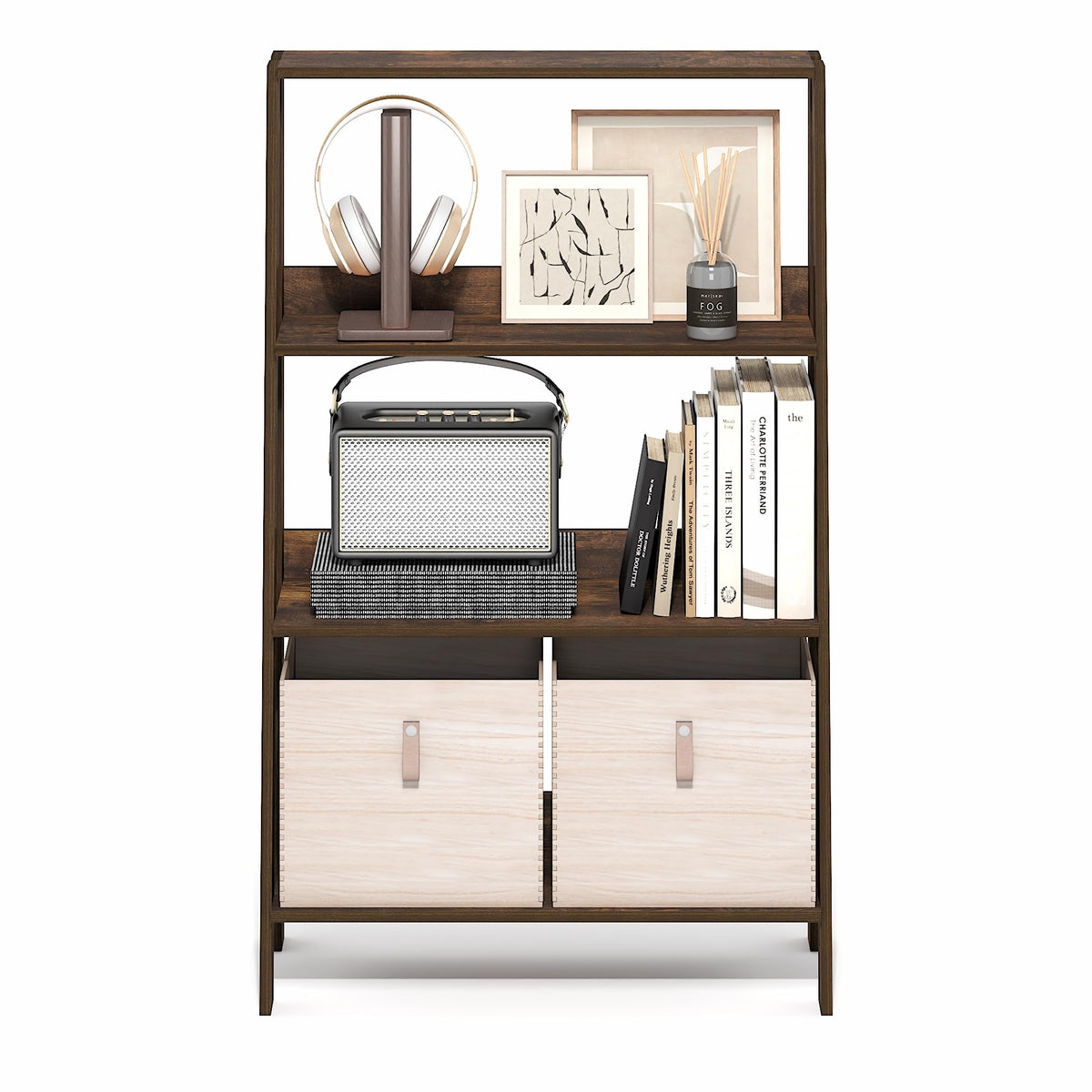 Furinno Ladder 4-Tier Book Shelf, Open Frame Ladder Shelf, Amber Pine