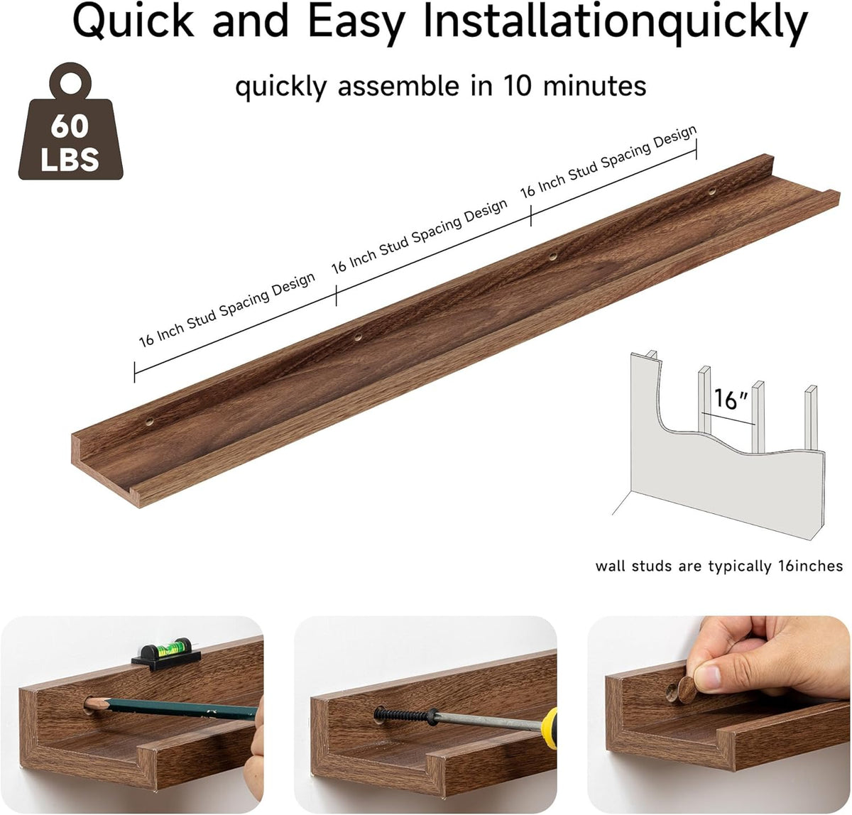 Floating Picture Ledge Shelves for Wall Set of 2, 55 Inches Picture Shelf with Ledge, Nursery Book