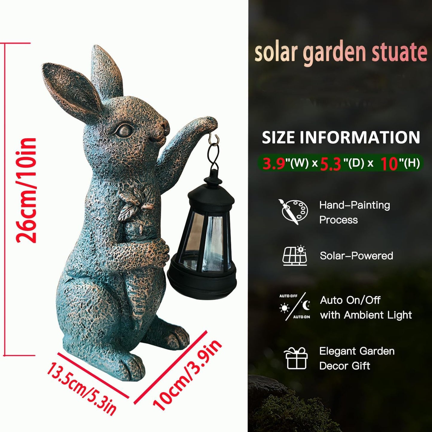 Solar Garden Statues -Rabbit Lantern Outdoor Handmade Resin Statue with LED Light, Cute Carrot