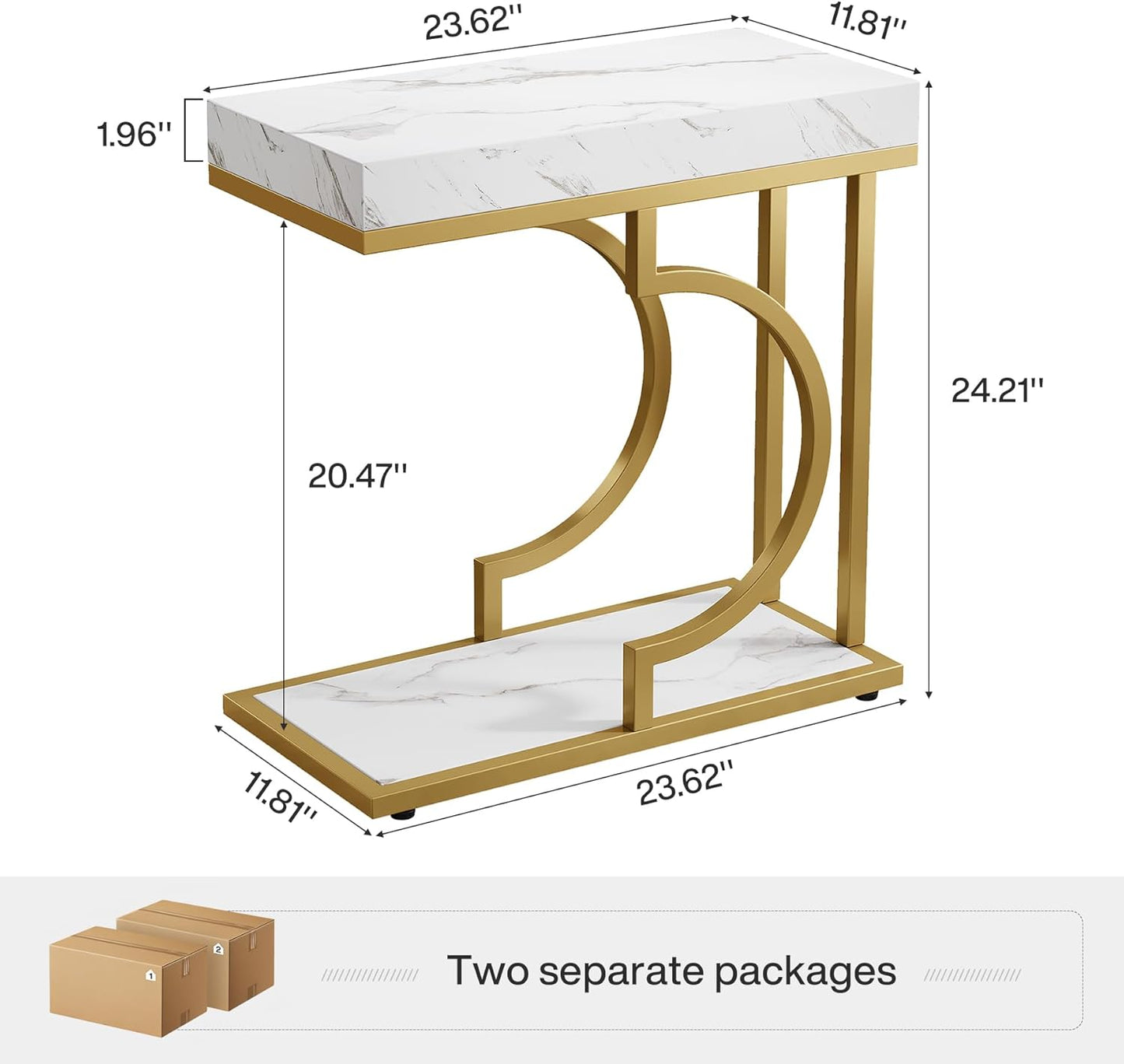 Tribesigns Narrow Side Table White Gold C Shaped End Table Modern Small Bedside Tables for Couch