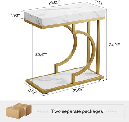 Tribesigns Narrow Side Table White Gold C Shaped End Table Modern Small Bedside Tables for Couch