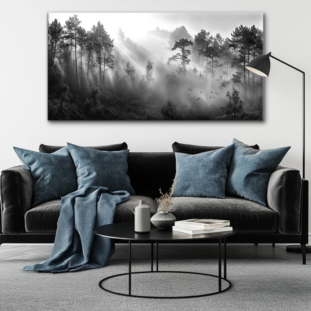 LASMOND Black and White Forest Wall Art for Living Room Modern Canvas Prints Artwork Picture