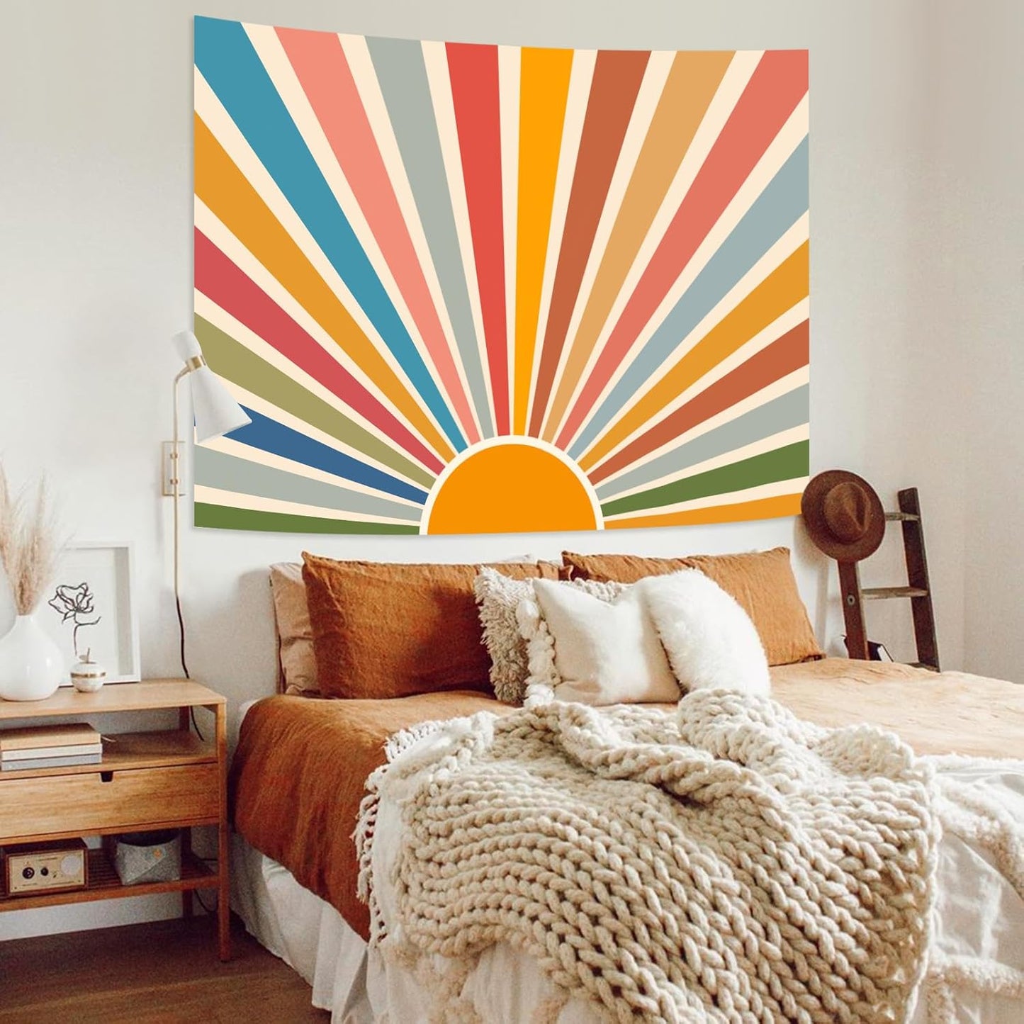 Kanuyee Boho Burning Sun Tapestry Wall Hanging, Retro 70s Abstract Vintage Geometric Rainbow