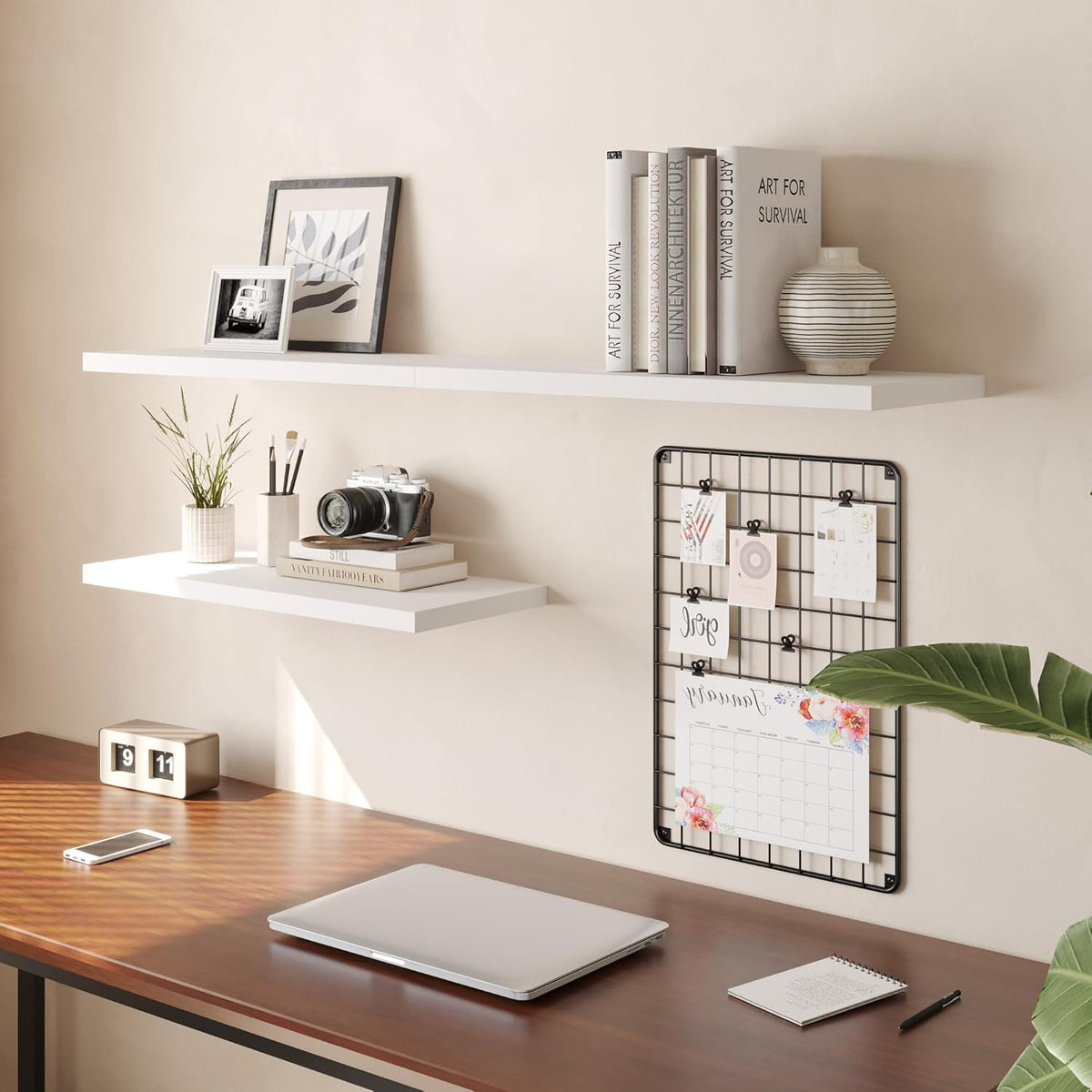 Wall Shelf Set of 2, White Floating Shelves 24 in W x 10 in D x 1 in H, Wooden Floating Wall Shelf