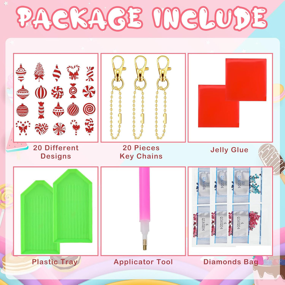 Tondiamo 20 Pcs Christmas Diamond Painting Keychain Kits 5D DIY Diamond Art Pendants Double Sided