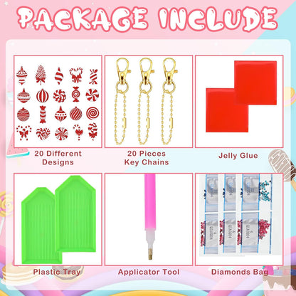 Tondiamo 20 Pcs Christmas Diamond Painting Keychain Kits 5D DIY Diamond Art Pendants Double Sided