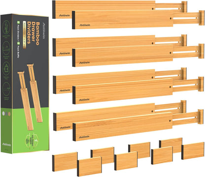 ANTOWIN Bamboo Drawer Dividers Organizers 16pcs, Expandable Drawer Separators Splitter, 17-22