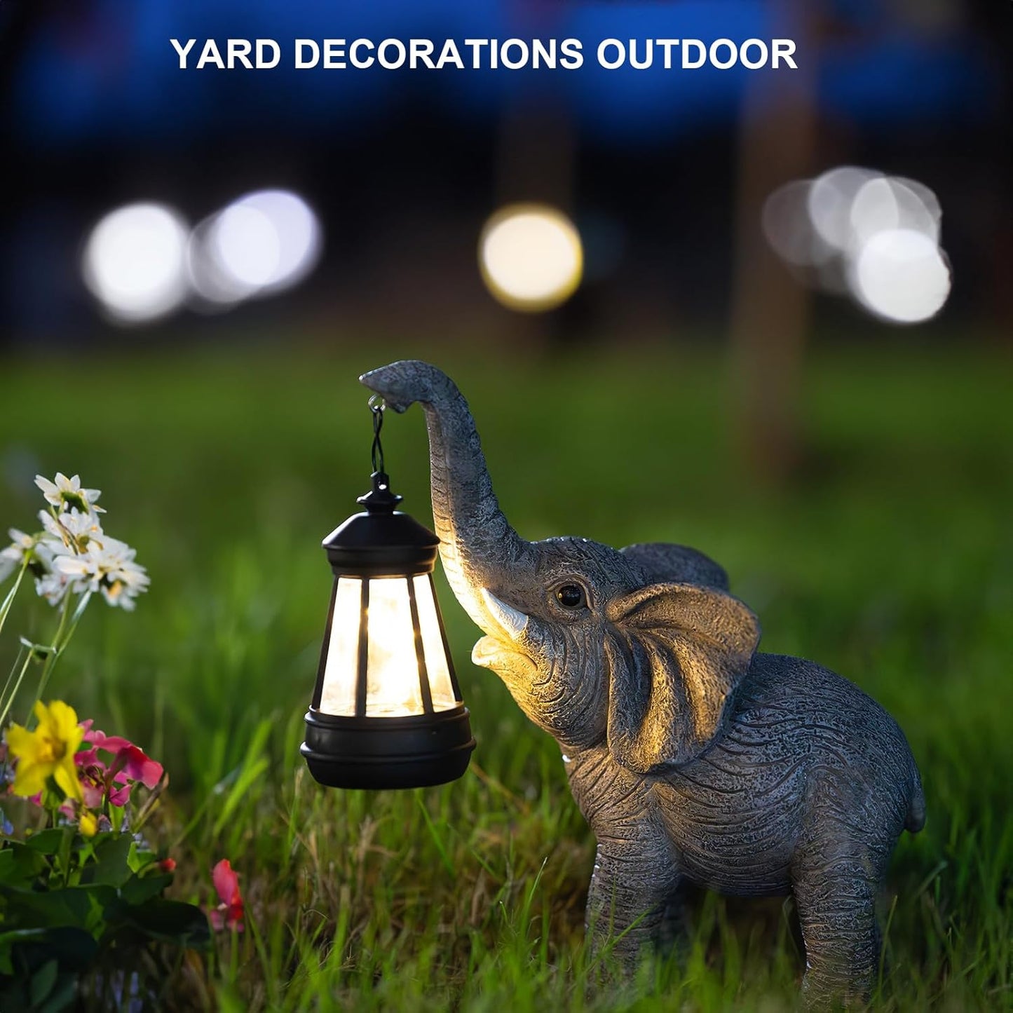 Solar Garden Statue Lights Elephants Figurine with Solar Lantern, Outdoor Yard Decorations for