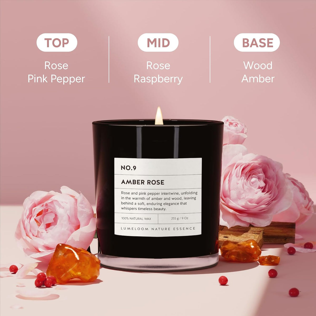 Amber & Rose Luxury Scented Candles, 9oz Soy Wax Candles for Home Scented, Rose, Wood, Amber Scent