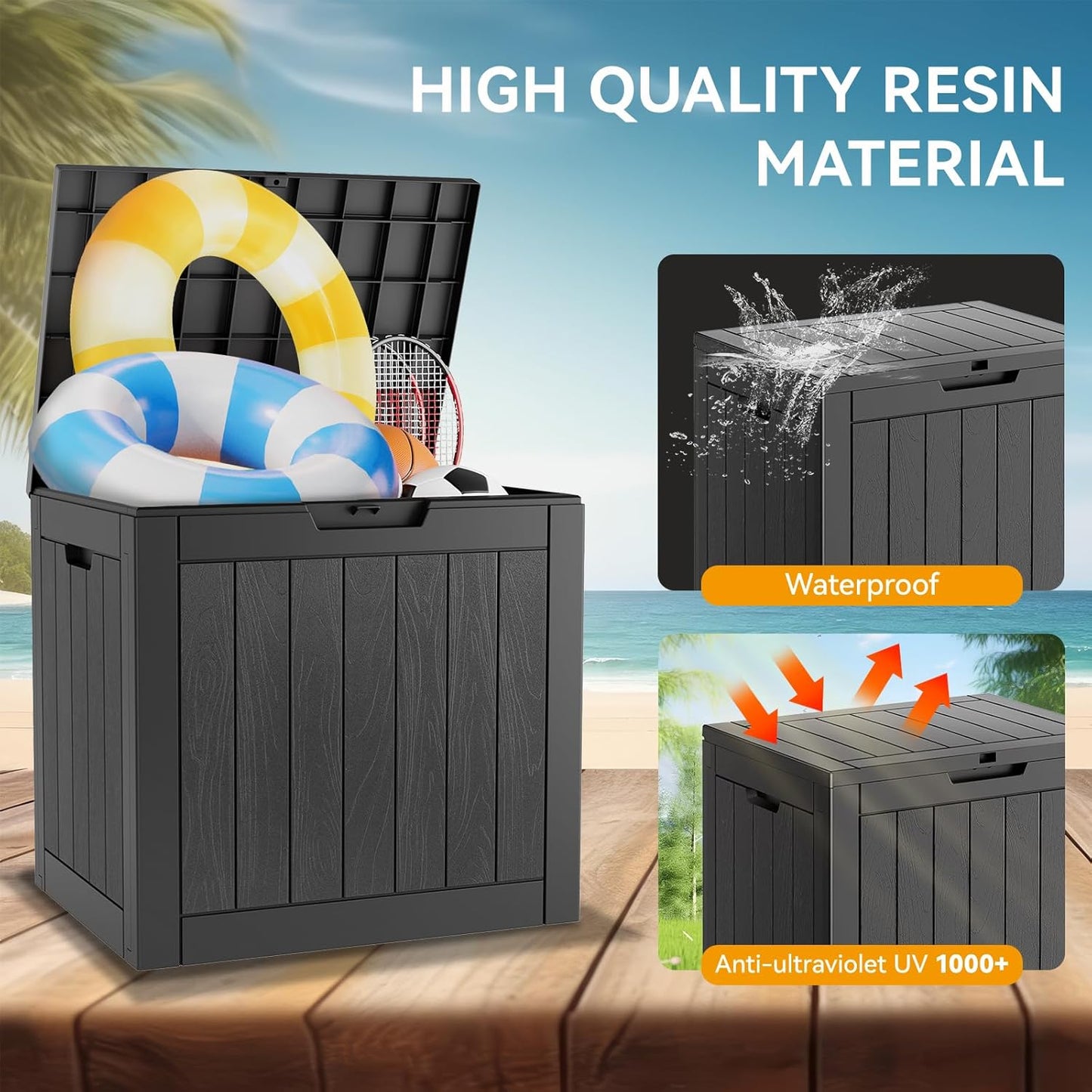 KAMABOKO Deck Box, 32 Gallon Resin Indoor and Outdoor Storage Boxes Waterproof for Garden Tools