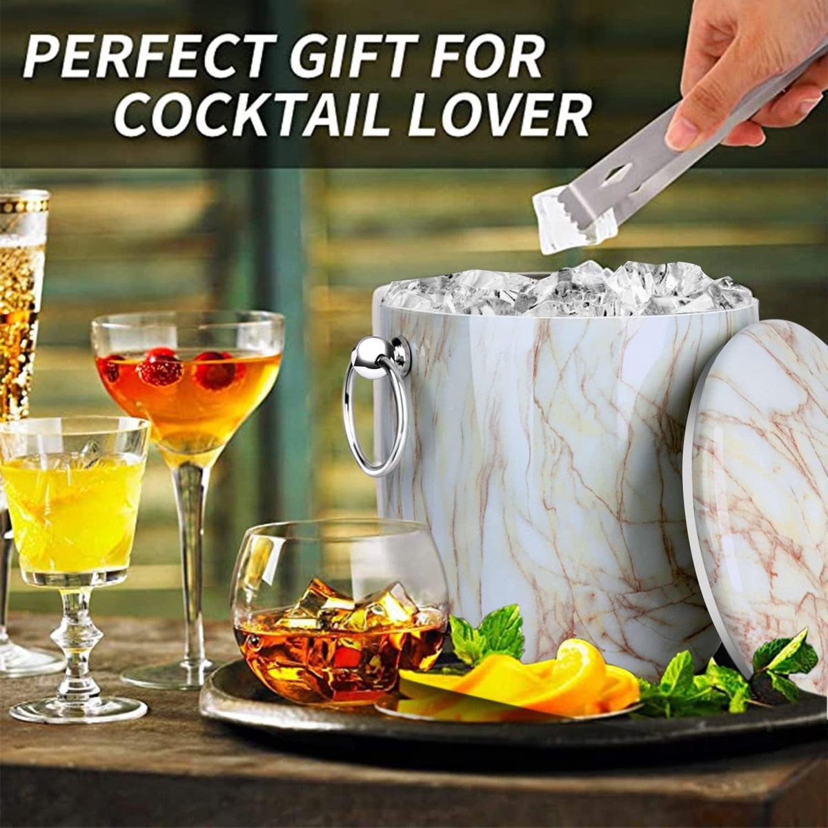 Ice Bucket with Lid, Scoop, Tongs and Strainer - Well Made Insulated Stainless Steel Keep Ice