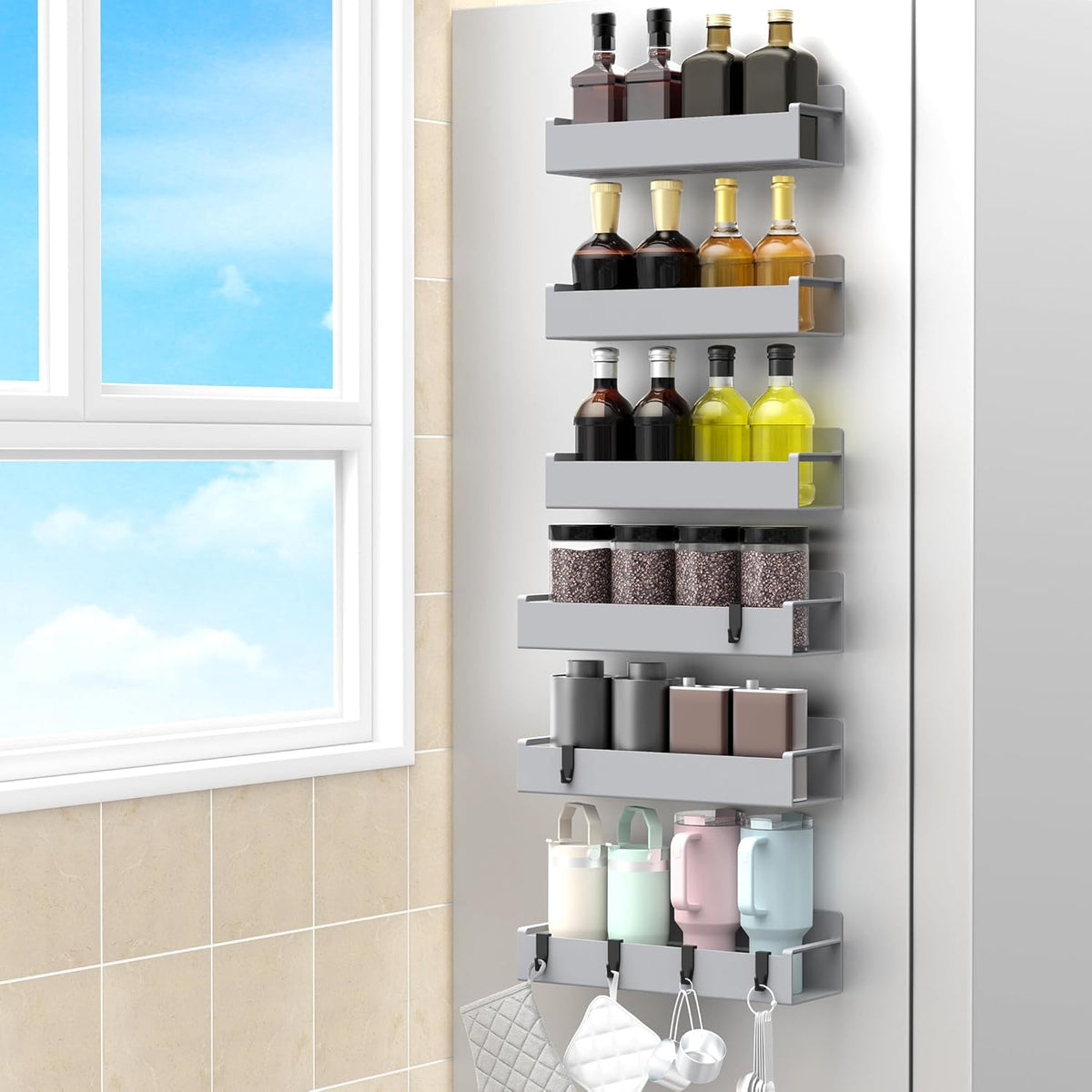 6 Pack Magnetic Spice Rack Organizer for Refrigerator and Oven, Light Gray Fridge Organizers and
