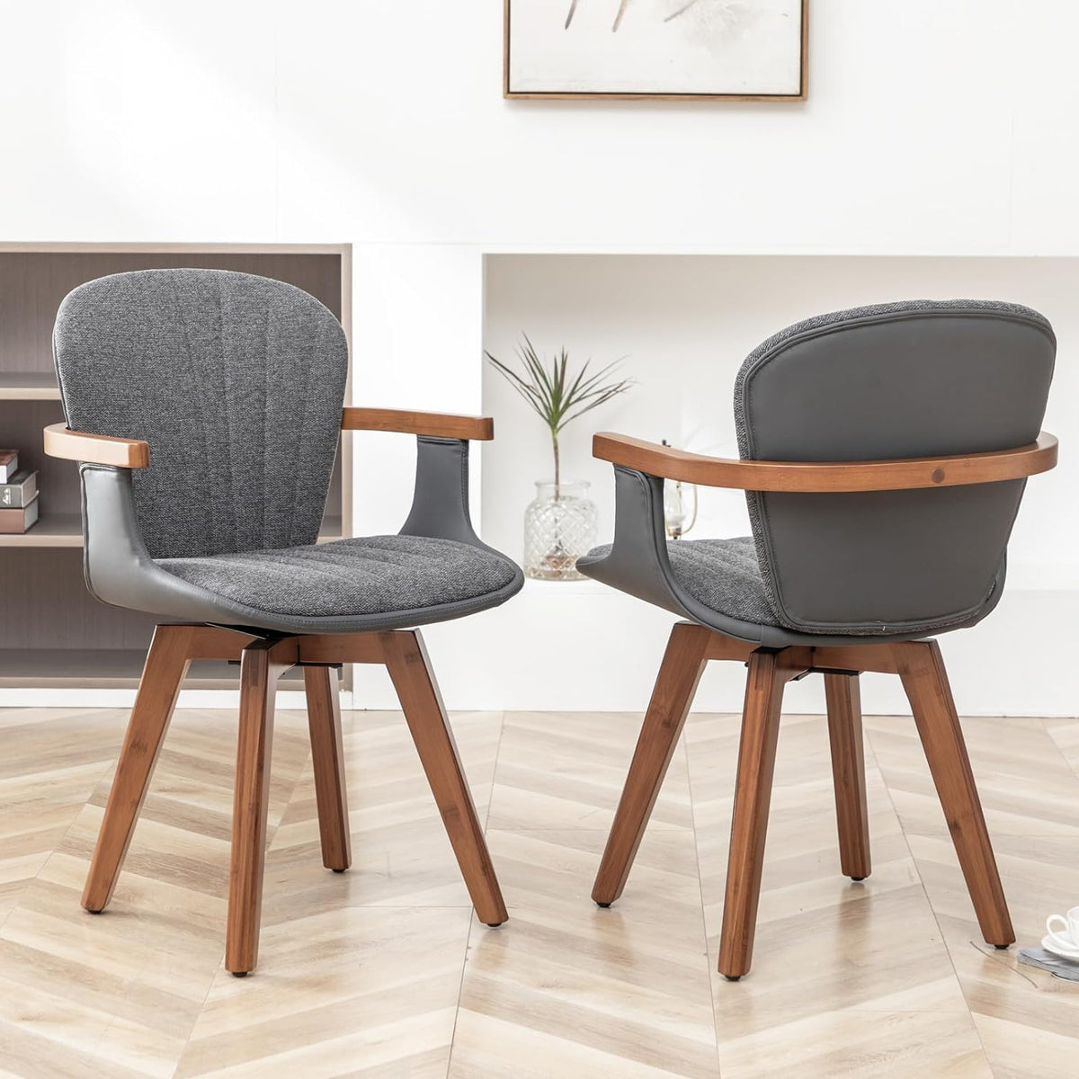 LUNLING Swivel Dining Chairs Set of 4, Mid Century Modern Gray Fabric+Faux Leather Kitchen Chairs