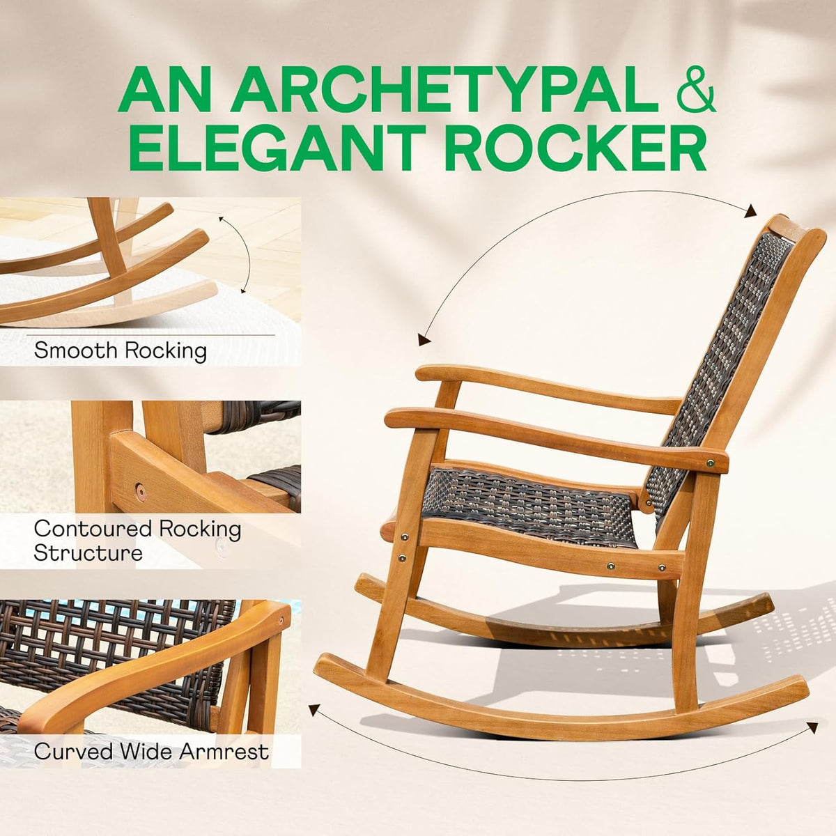 Idzo Wood Wicker Rocking Chair, 400 lbs Capacity, Durable Eucalyptus Wood, Natural Finish