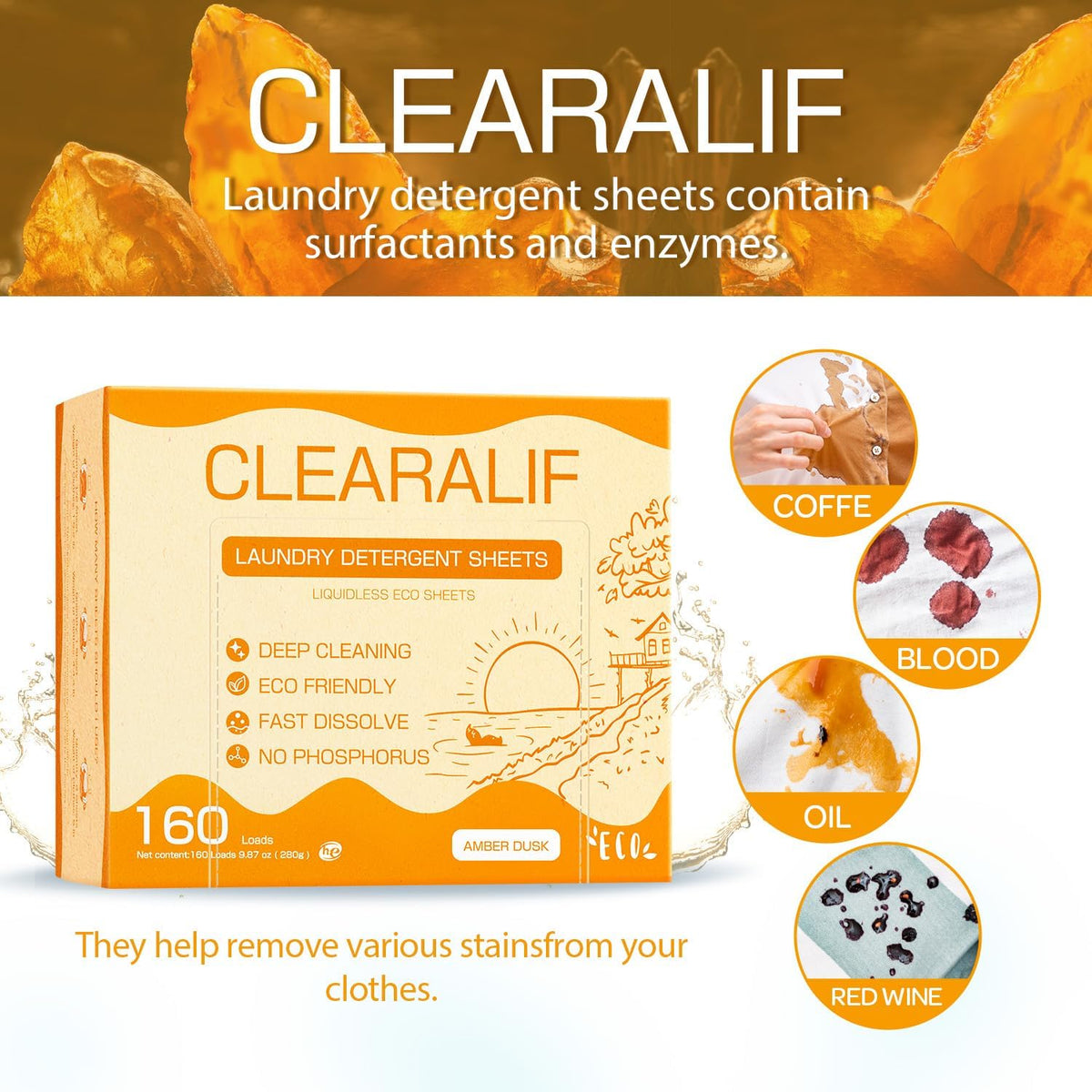 Laundry Detergent Sheets Up to 160 Loads, Amber Dusk - Great For Travel,Apartments, Dorms,CLEARALIF