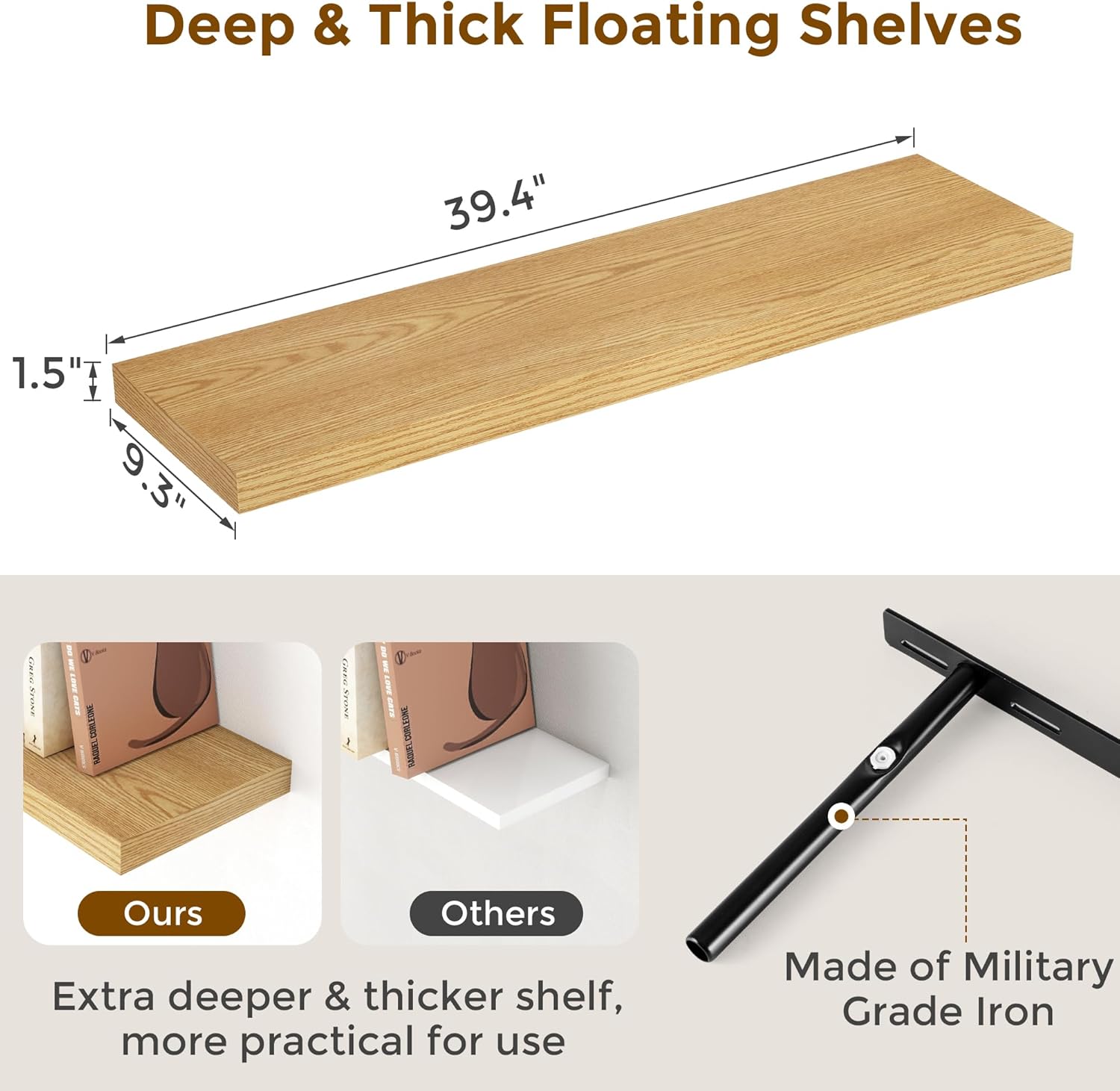 40 Inch Floating Shelvese, 40" W x 9" D Floating Shelf Set of 2, Farmhouse Wood Wall Shelves for