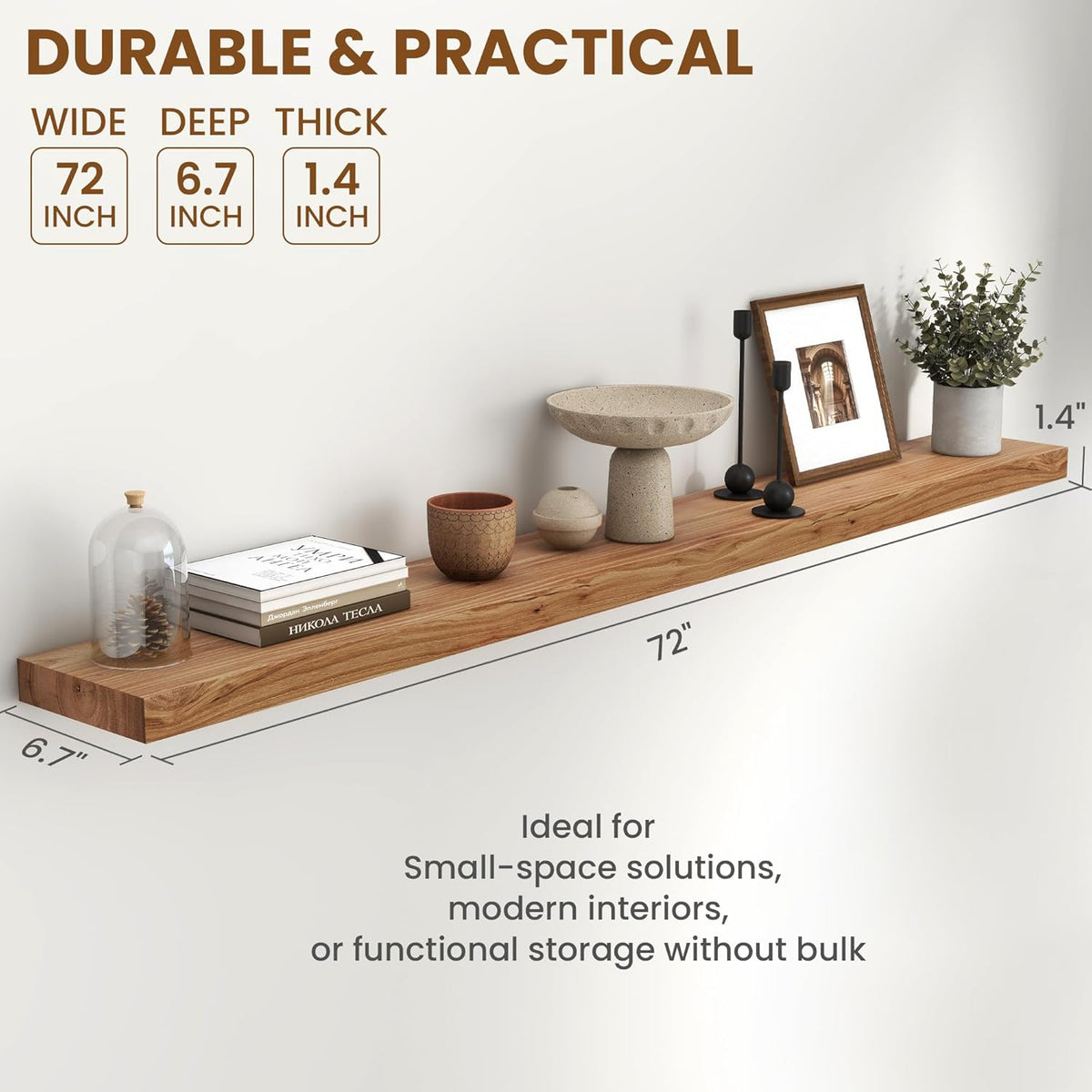 72" Floating Shelves for Wall, Rustic Elm Wood Floating Shelf for Home Decor, Wall-Mounted Display