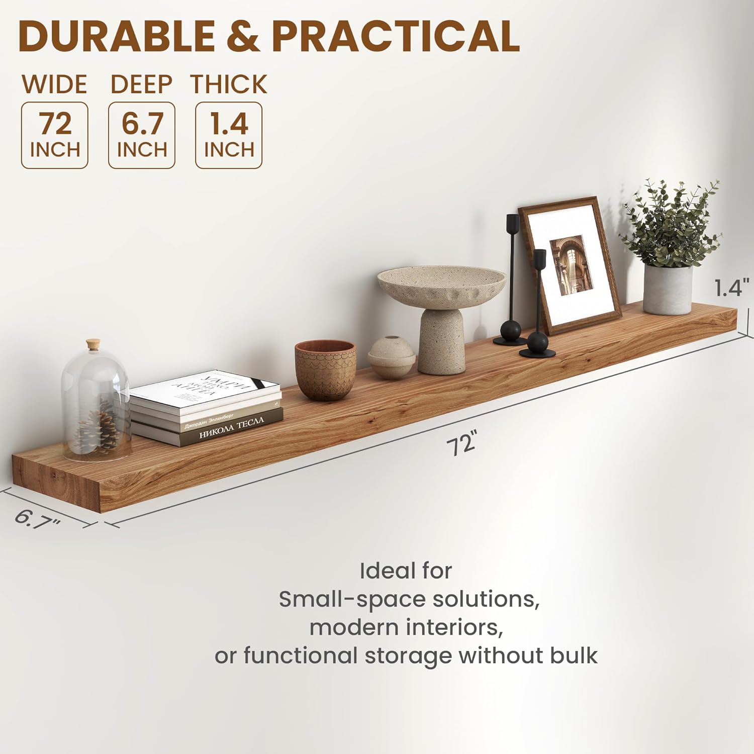72" Floating Shelves for Wall, Rustic Elm Wood Floating Shelf for Home Decor, Wall-Mounted Display