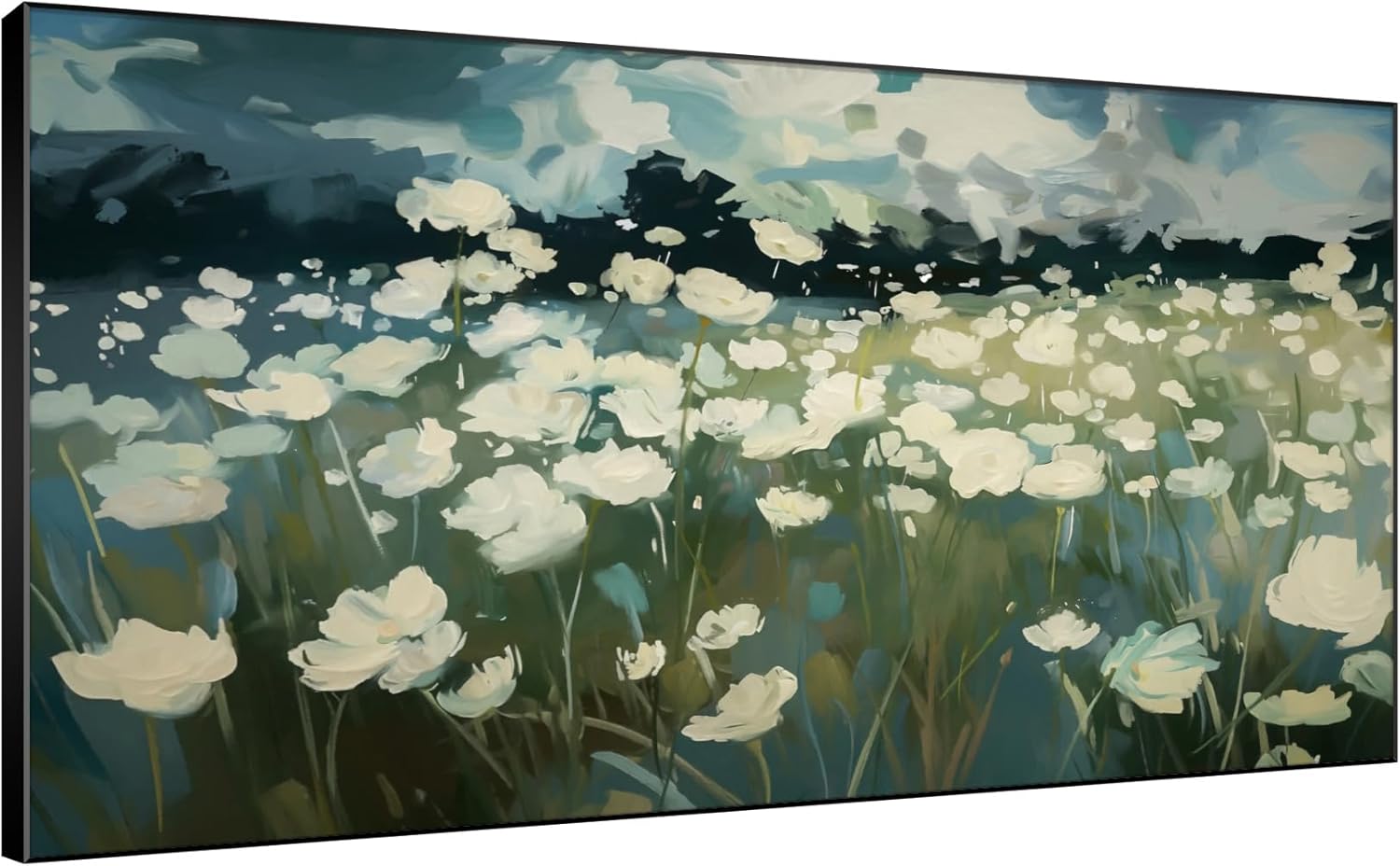 SIGNWIN 36"x72" Extra Large Framed Wall Art White Wildflower Field in Impressionist Style, Soft