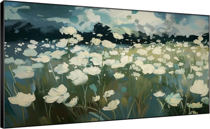 SIGNWIN 36"x72" Extra Large Framed Wall Art White Wildflower Field in Impressionist Style, Soft
