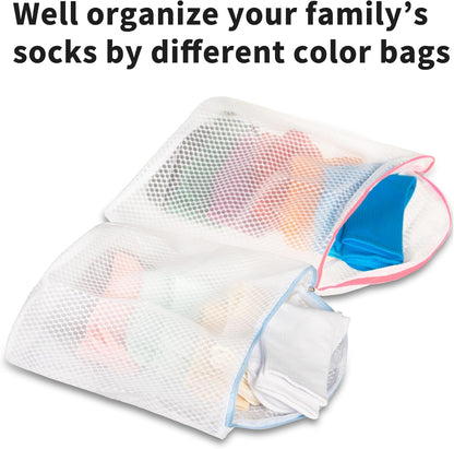 3Pcs Hanging Laundry Bags for Socks with S Hooks, 3 Color Mesh Laundry Bags for Washing Machine