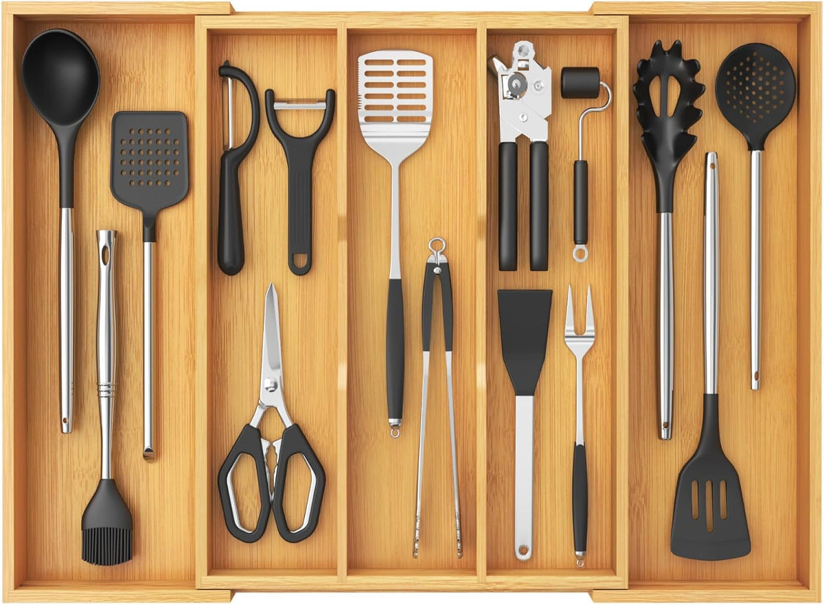 Lifewit Utensil Organizer for Kitchen Drawer, Expandable Cooking Utensil Tray, Bamboo Cutlery