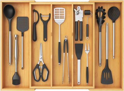 Lifewit Utensil Organizer for Kitchen Drawer, Expandable Cooking Utensil Tray, Bamboo Cutlery
