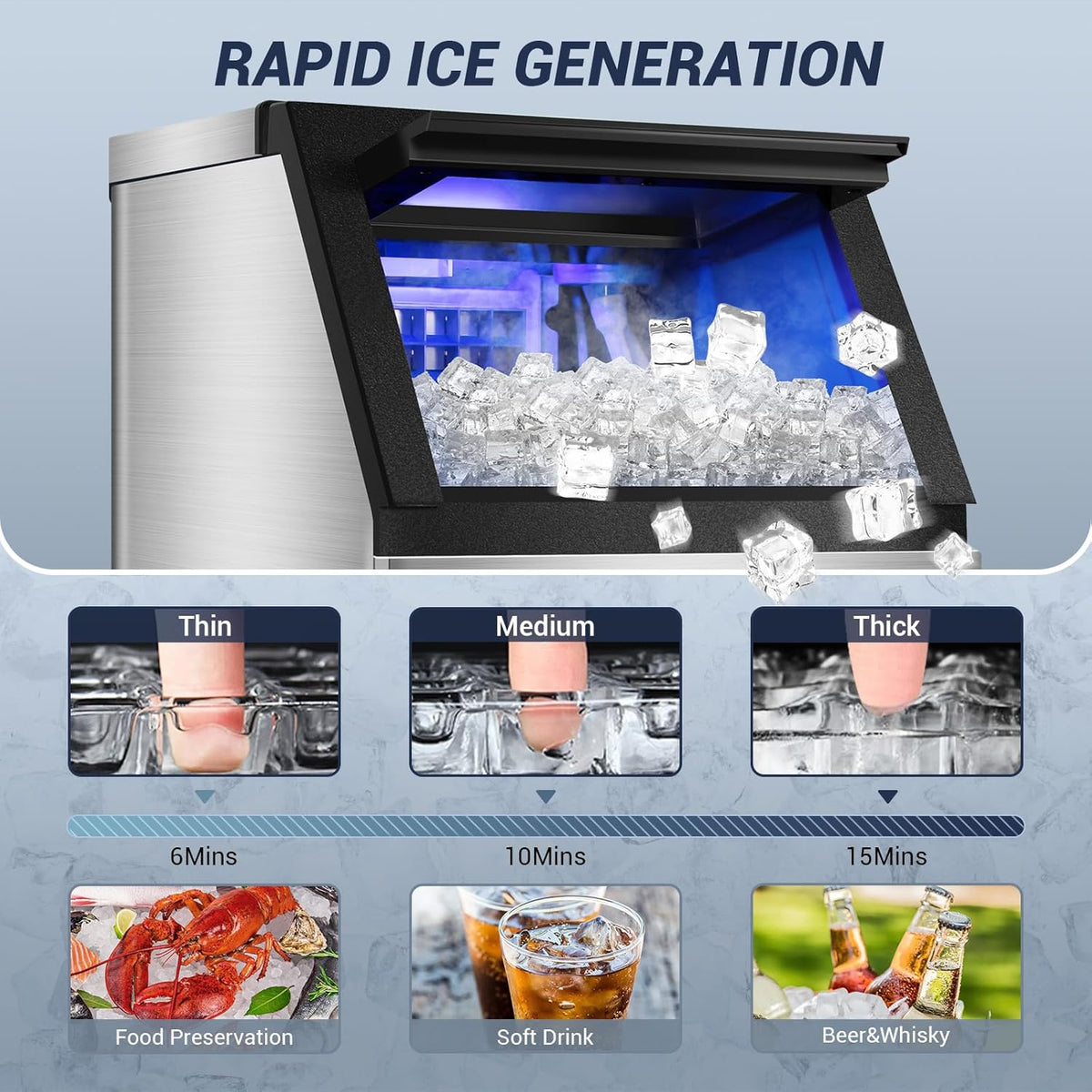 Commercial Ice Maker Machine 120LBS/24H with 30LBS Storage Bin, 15" Wide Undercounter/Freestanding