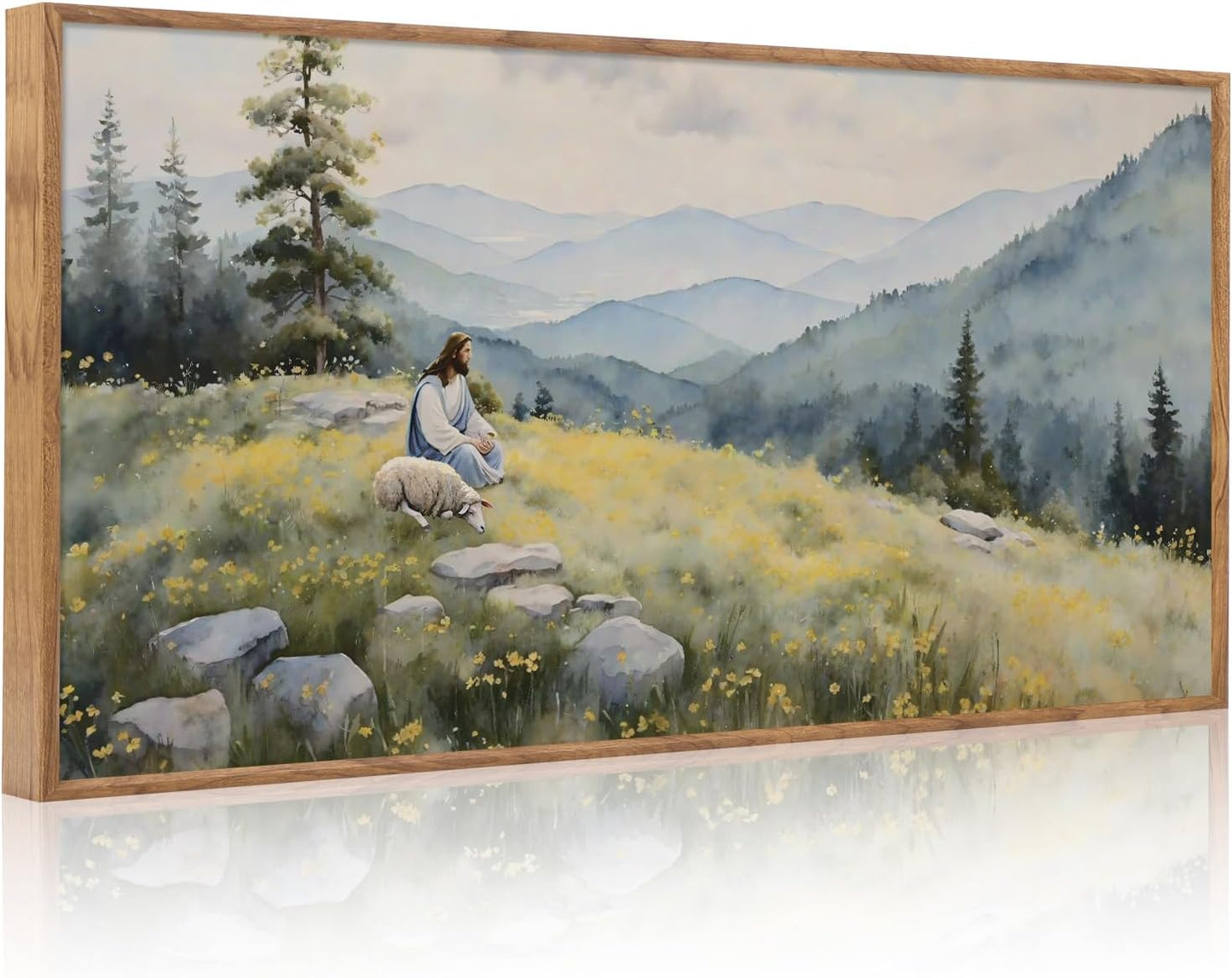 Aurlan Christian Jesus with Lost Sheep Wall Art(40"x20"), Boho Religious Lamb The Good Shepherd