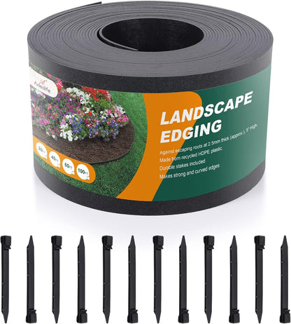 Black Plastic Garden Landscape Edging, 5” Tall Border Coil, Flexible and Strengthened with Anti-UV